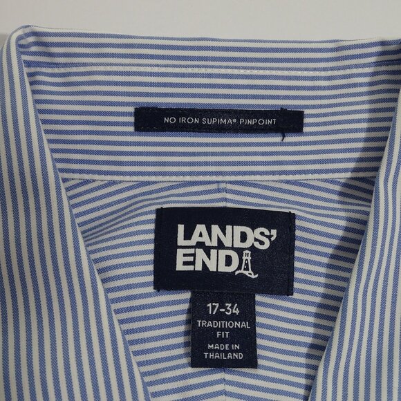 Lands End No Iron Supima Pinpoint Shirt Men Blue Stripe Traditional Size 17 34 - Picture 6 of 12